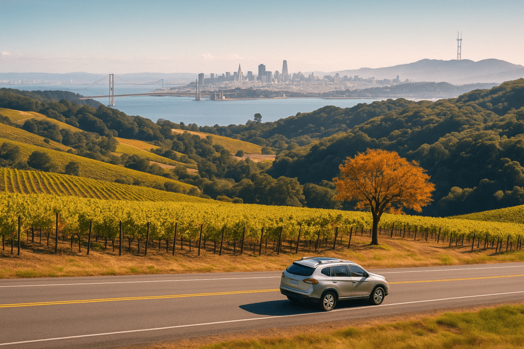 Scenic vineyard landscape in Napa Valley with rolling hills