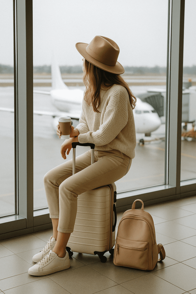 Cutest Travel-Themed Gifts Under $25 (That People Will Actually Use) 7 Woman with carry-on luggage waiting in airport terminal