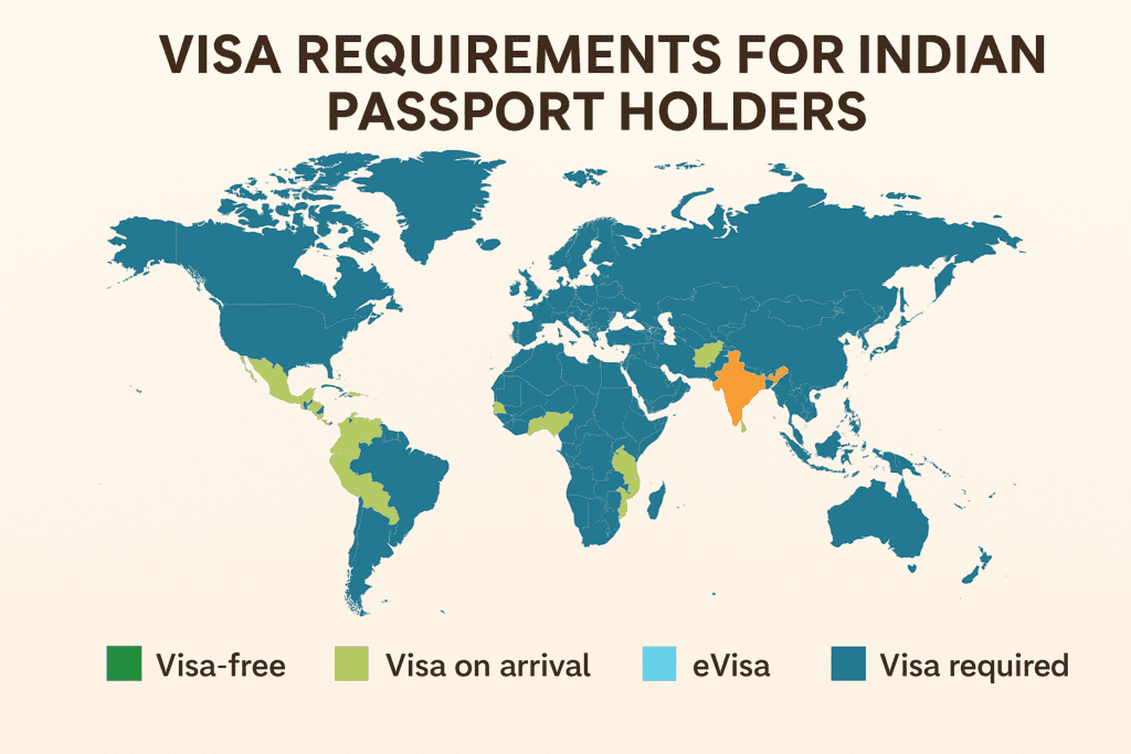 Visa required Indian passport Map of visa-free countries for Indian travelers 2025