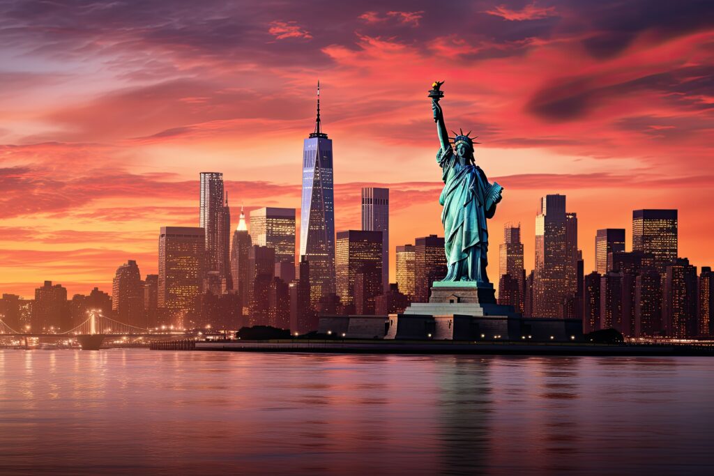 Liberty at Golden Hour with NYC Skyline