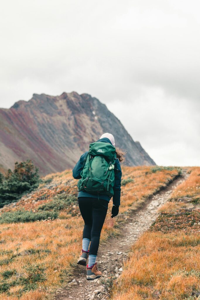 A backpacker trekking through the scenic wilderness of Jasper, Canada, during a cloudy day.