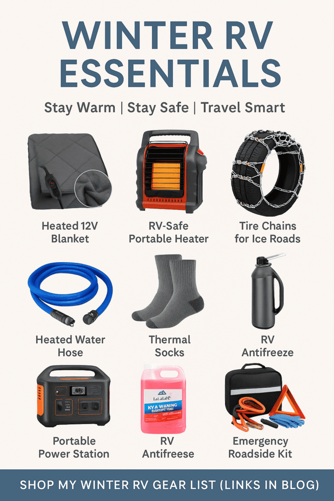 Winter RV essentials for beginners checklist including heated blanket, RV-safe heater, and tire chains
