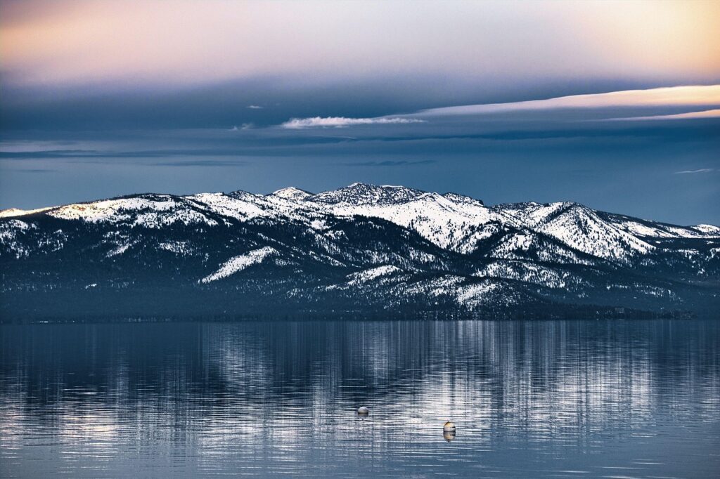 Lake Tahoe in winter with snow-covered mountains