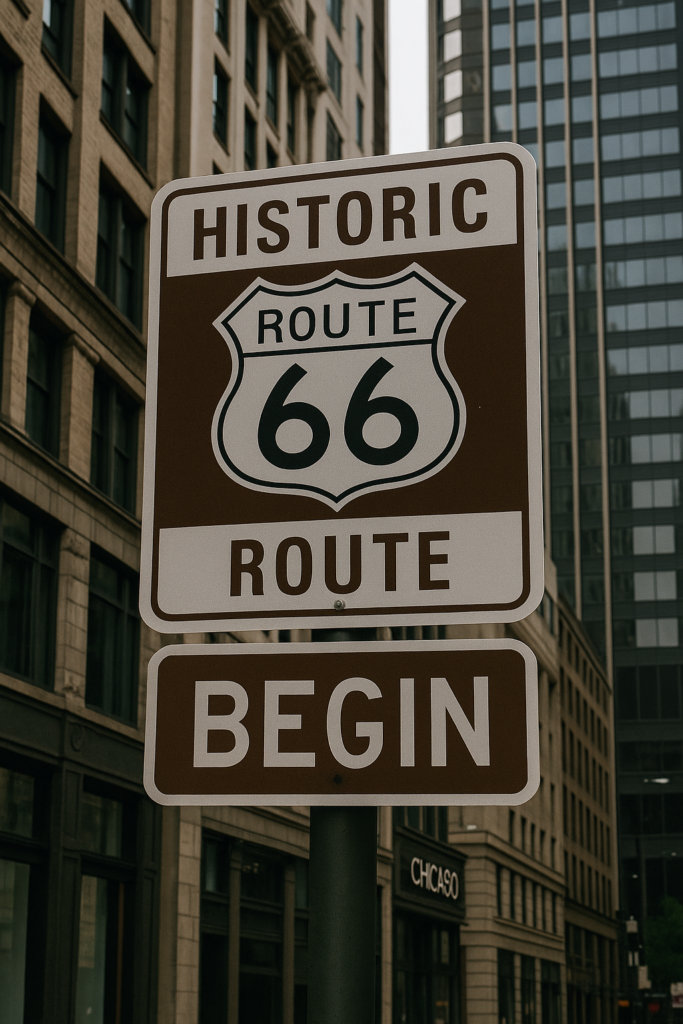 route 66 chaicago Route 66 travel guide road sign in the United States