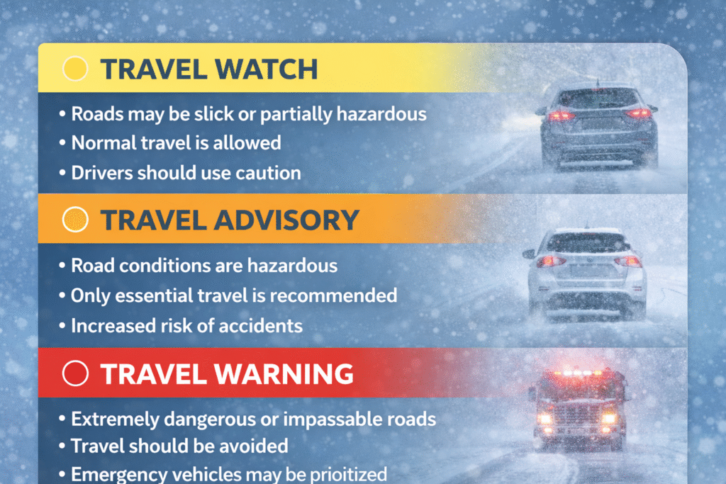 Indiana Travel Advisory Map showing watch advisory and warning levels