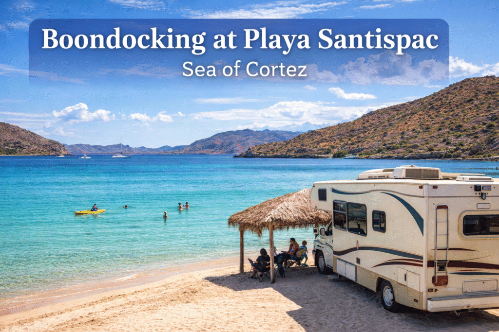 Mulege Baja California Sea of Cortez beach with RV camping and mountains