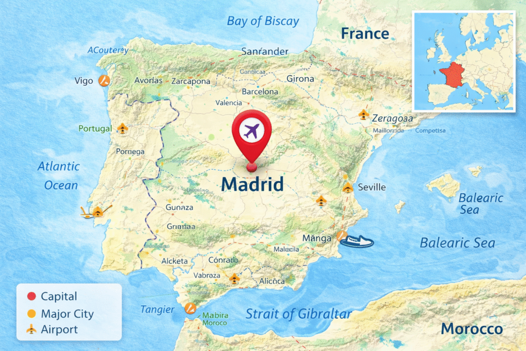 cheap flights to madrid spain route map from USA to Madrid