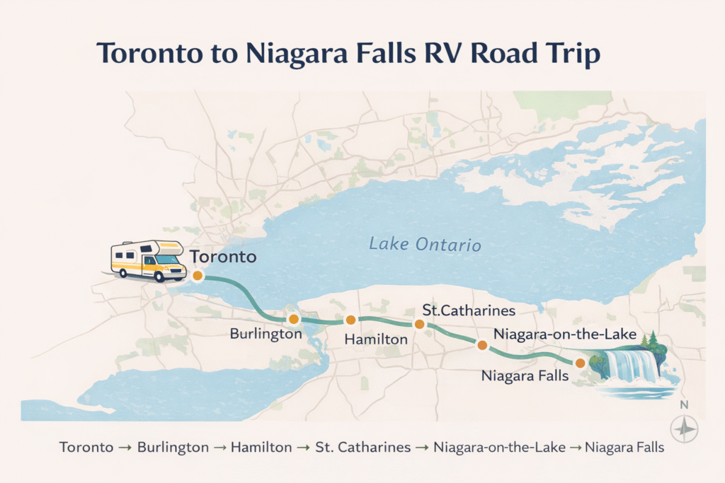 Toronto to Niagara Falls RV road trip route map