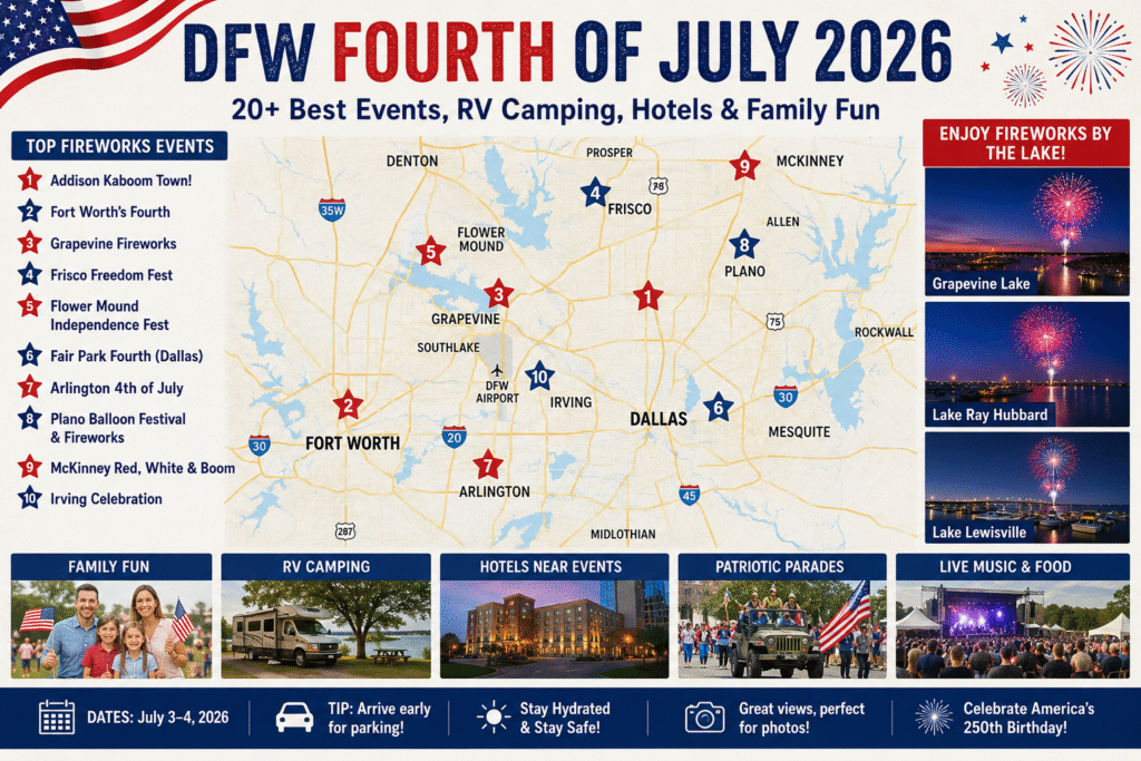 Last-Minute DFW Fourth of July Fireworks 2026 map featuring 20+ Independence Day events, RV camping, hotels, family-friendly celebrations, and fireworks across Dallas-Fort Worth.