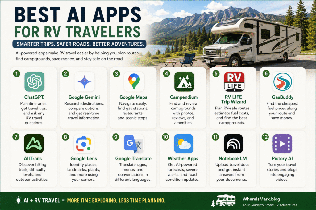 Best AI Apps for RV Travelers in 2026: Plan Smarter, Save Time & Enjoy Every Road Trip 3 Best AI Apps for RV Travelers helping plan RV routes, campgrounds, navigation, weather forecasts, and road trips.