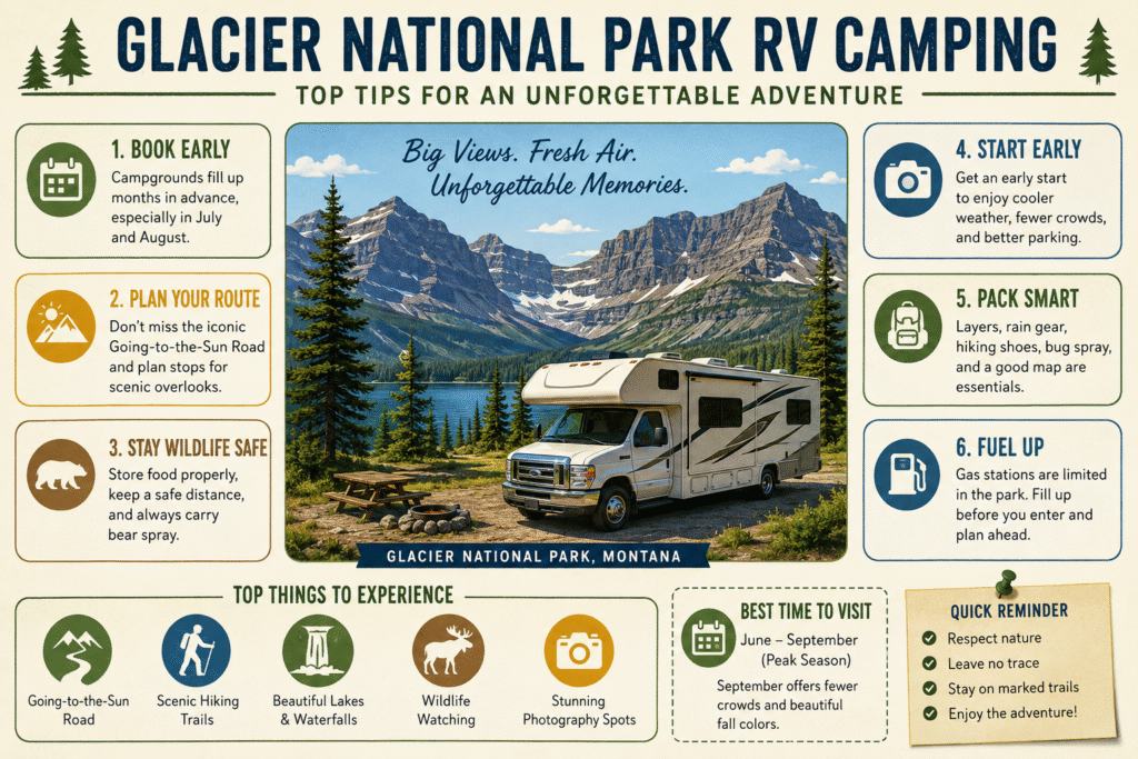 Glacier National Park RV Camping (2026 Guide): Best Campgrounds, RV Rentals, Scenic Drives & Insider Tips 3 Glacier National Park RV Camping infographic showing RV travel tips, campgrounds, scenic drives, hiking, wildlife safety, and packing essentials.