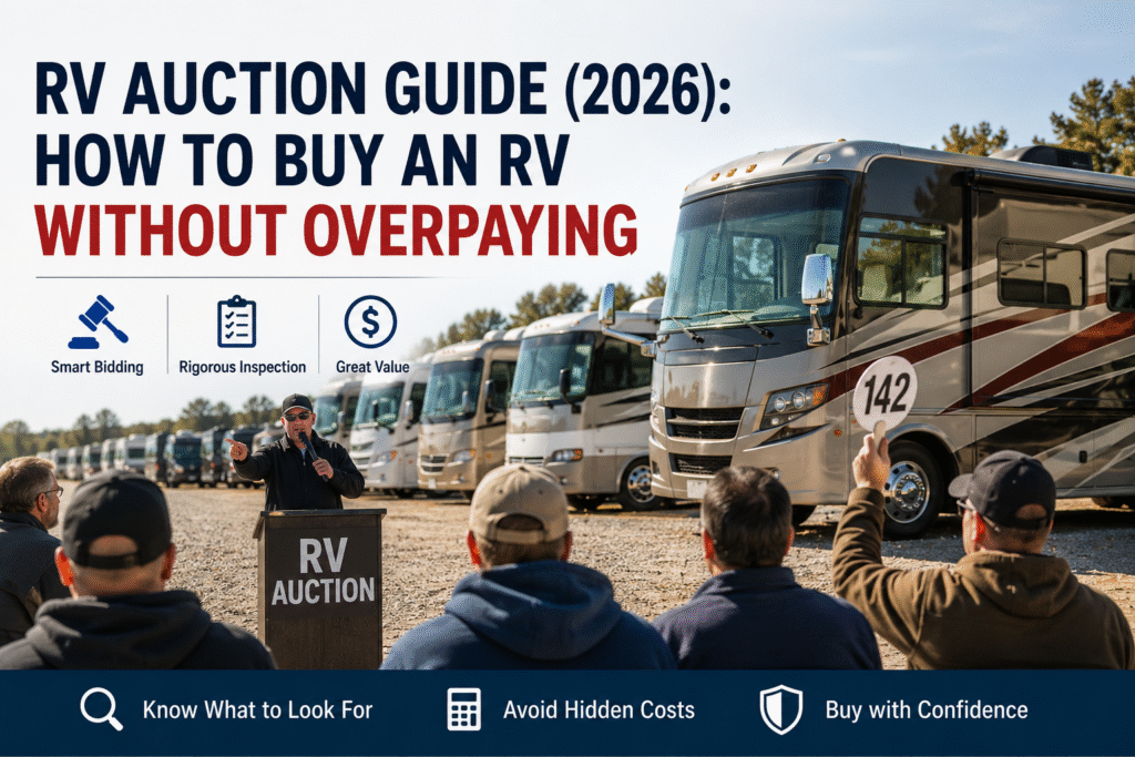 RV Auction Guide 2026 showing buyers bidding on motorhomes at an RV auction
