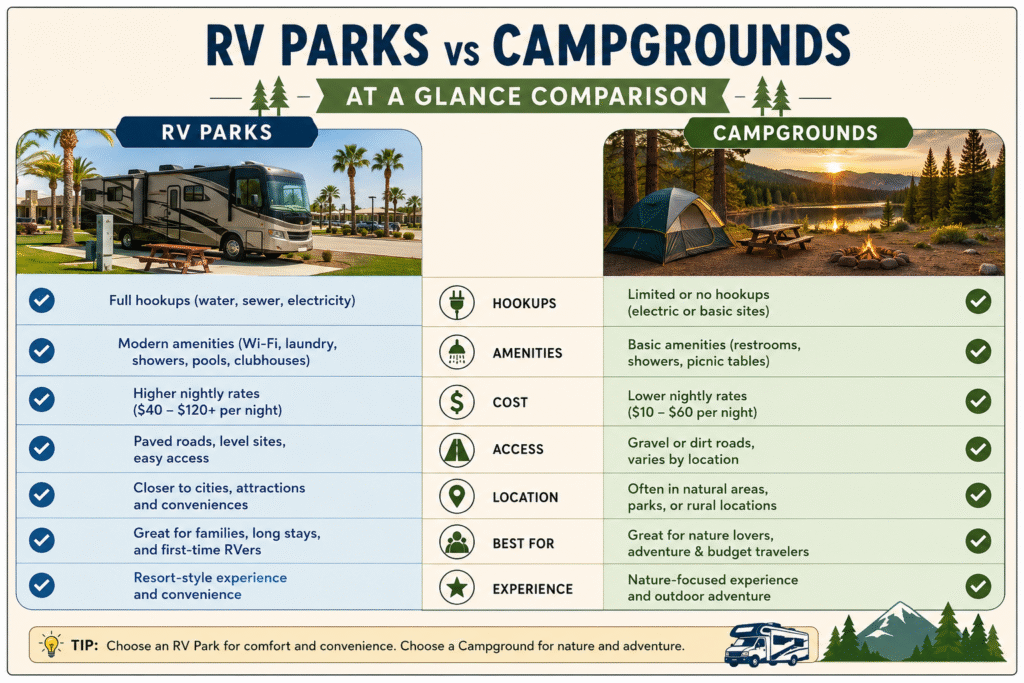 RV Parks vs Campgrounds comparison infographic showing differences in hookups, amenities, costs, accessibility, locations, and the best option for RV travelers.