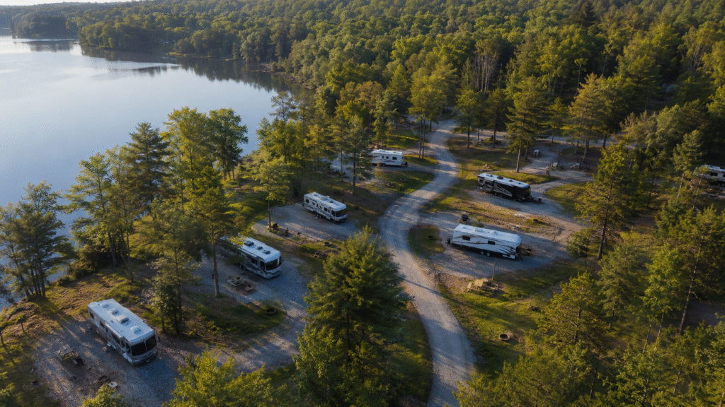 RV campgrounds near me beside a lake and forest