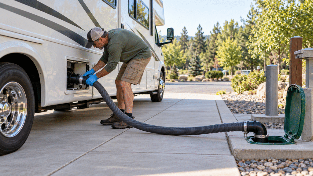 RV Dump Stations Near Me: How to Find Free & Paid Dump Sites in 2026 3 RV dump stations near me with a traveler safely connecting an RV sewer hose