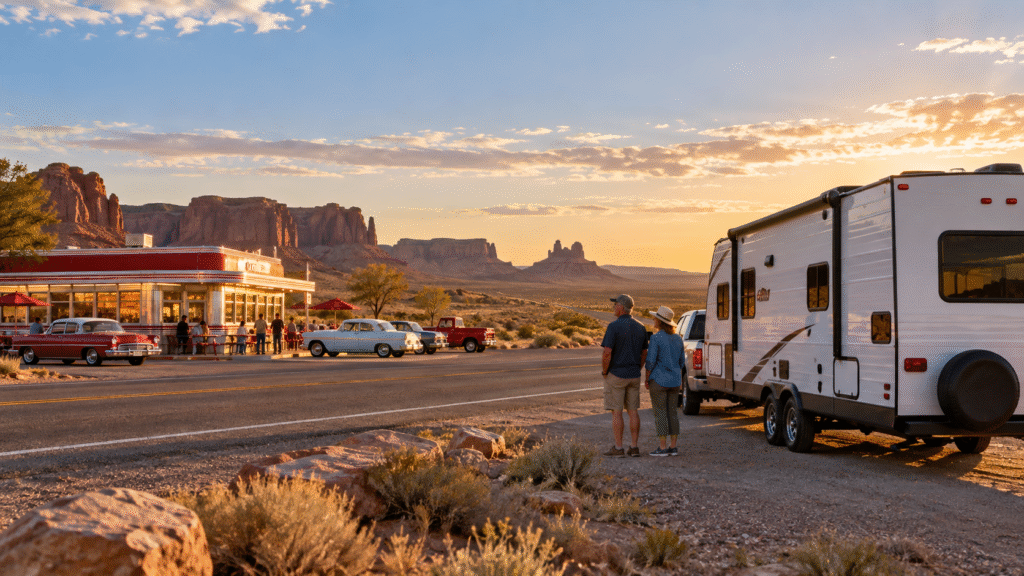 Route 66 RV road trip beside a vintage roadside diner