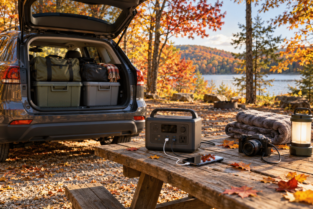 Last-minute fall road trip with portable power station and autumn camping gear